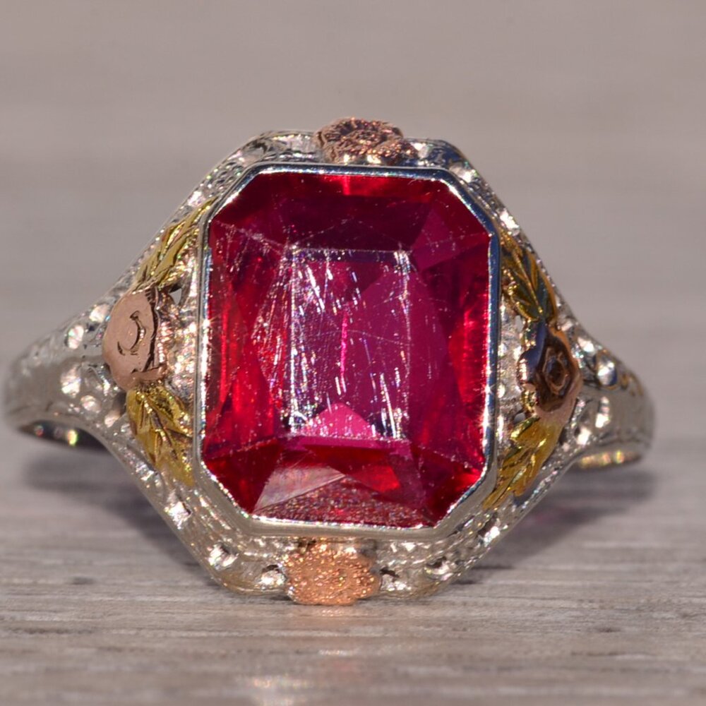 Art Deco Era Lab Ruby Ring In Tri Color Filigree … - image 6